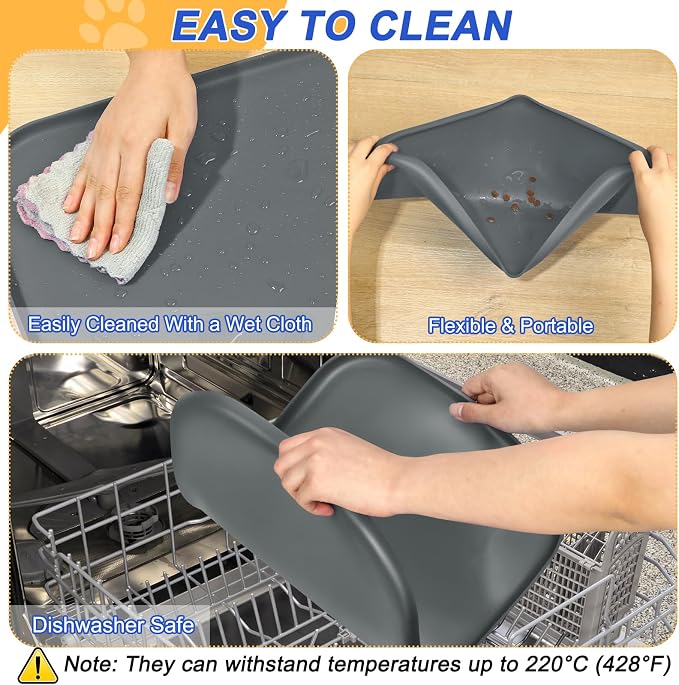 SMILOOL Waterproof Silicone Pet Food Mat with Raised Edge for Dog & Cat | 19" x 12" Non-Slip Pet Feeding Mats with Lip for Food & Water Bowl, Food Grade, Easy Cleaning, Dark Gray