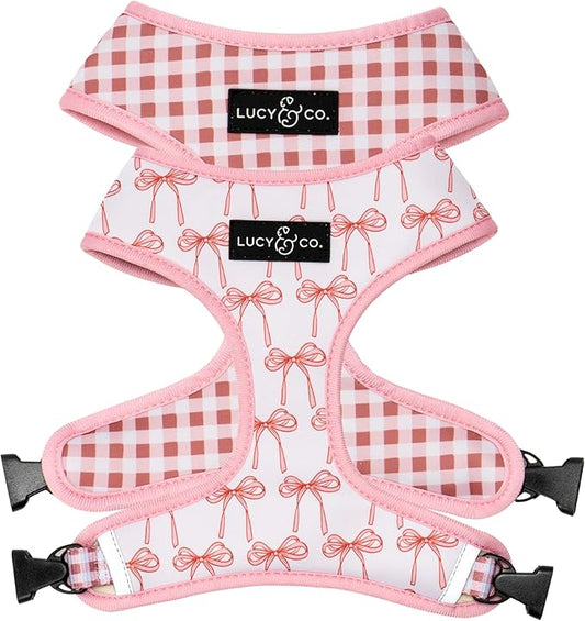 Lucy & Co. Reversible Dog Harness - Water-Repellent Neoprene, Dual-Print Design, Easy Swap Style, Adjustable Comfort Fit - Take a Bow Reversible Harness - Small