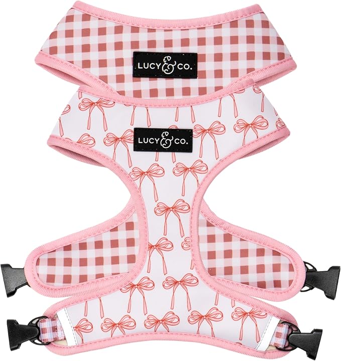 Lucy & Co. Reversible Dog Harness - Water-Repellent Neoprene, Dual-Print Design, Easy Swap Style, Adjustable Comfort Fit - Take a Bow Reversible Harness - X-Small