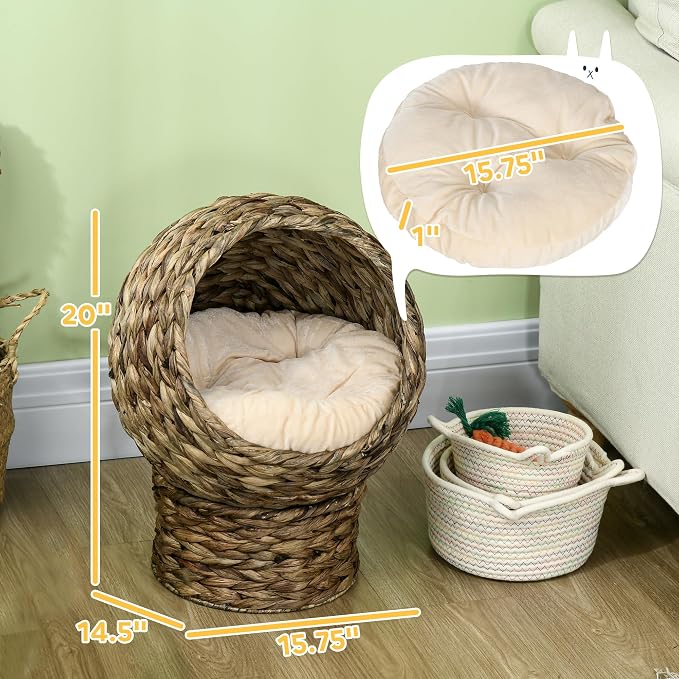 PawHut Handwoven Elevated Cat Bed for Indoor Cats 20" H Gray | Soft Cushion & Egg Chair Shape, Basket Bed Kitty House with Stand, Raised Wicker House