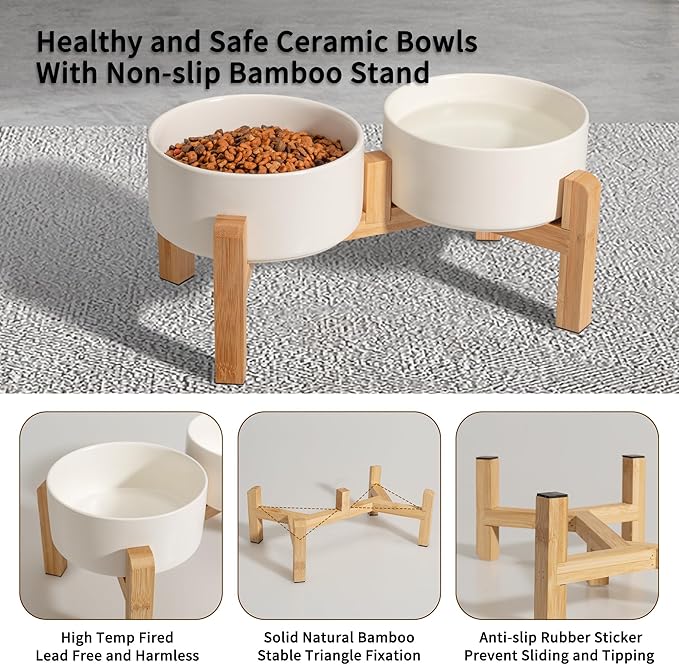 Elevated Ceramic Dog Bowl Set - Raised Feeding Bowls with Non-Slip Bamboo Stand - Small Pet Dishes for Food and Water - Ideal for Cats and Puppies - 16.23 OZ - 2 Cups - 480 ML | 5.1'' Double Dog Feeding Dishes, Non-Slip Raised Dog Feeder for Cats and P...