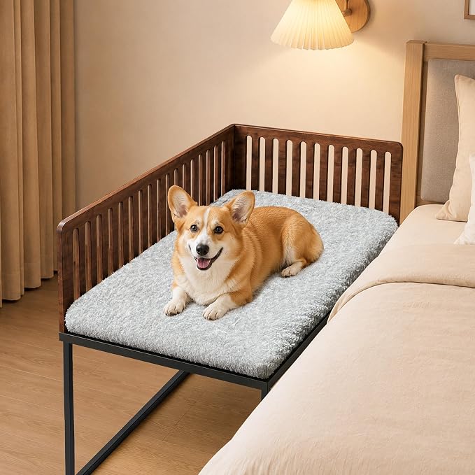Beside Dog Bed,2 Wood Side Panel Adjustable Height Dog Bunk Beds,39''x27'' Metal Dogs Bed Frame with Cushion,Large