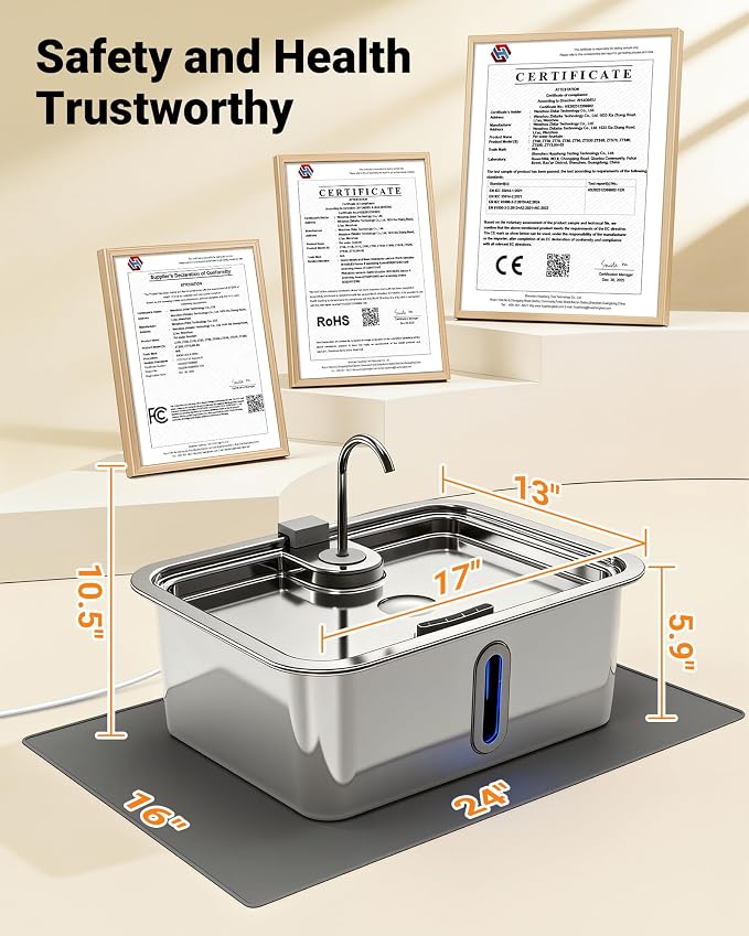 3.96Gal/15L Large Dog Water Fountain with Pet Feeding Mat and 3 Filters | Stainless Steel Pet Water Fountain for Dogs Cats, Dog Water Bowl Dispenser with Visible Window, Alert Light, Quiet Pump