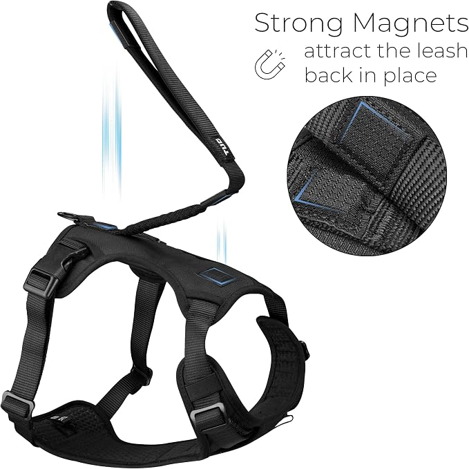 TUG Grab Dog Harness with Built-in Magnetic Traffic Leash (Small/Black) | Padded Magnetic Traffic Handle | Dual Leash Clips | 4-Point Adjustable Fit | Durable Nylon