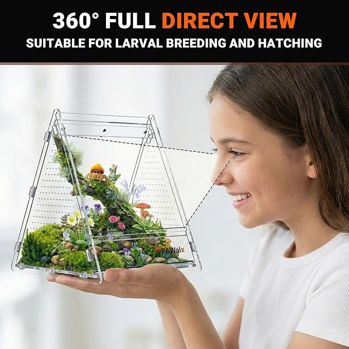 Triangular Jumping Spider Enclosure, Acrylic Terrarium with Magnetic Doors, 0.8mm Micro-Ventilation& Escape-Proof Design for Tarantulas, Lizards, Small Pets, 6.5"x7.3"x7"