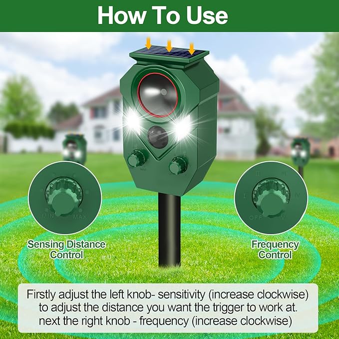 Ultrasonic Animal Repeller Outdoor,Cat Repellent & Deterrent with PIR Sensor & Flashing Light,Solar Powered Deer Repellent Device for Squirrels,Raccoons,Skunks,Rabbits,and Dog,IP65 Waterproof - 2 Pack
