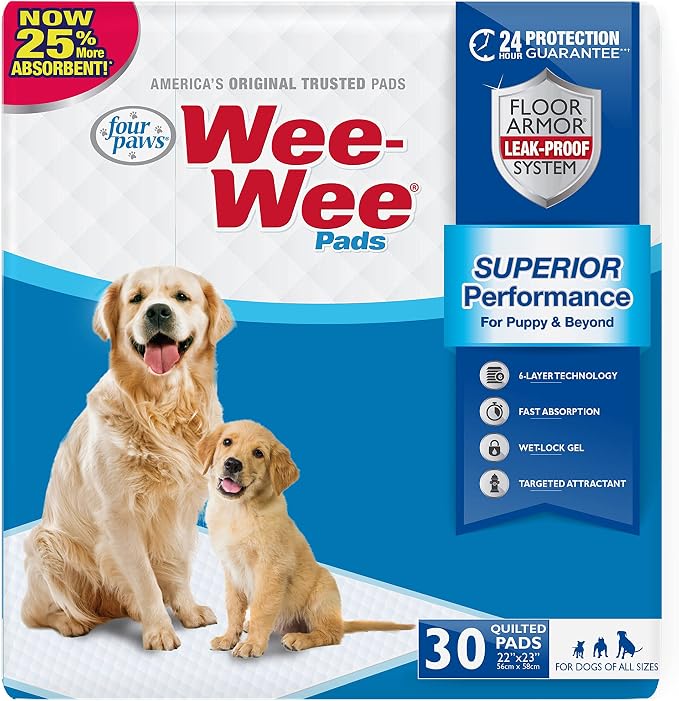 Four Paws Wee-Wee Superior Performance Unscented Puppy Pee Pads for Dogs & Puppies, Quilted Leak-Proof Dog Housebreaking Potty Training Floor Protection, Pet Supplies, 22" x 23", 30 Count | Quilted leak-proof puppy pads, dog housebreaking & potty train...
