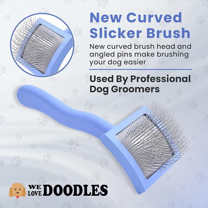 We Love Doodles Small Curved Slicker Brush and Grooming Scissors Kit Bundle - Soft Pin Goldendoodle Brush and Dog Grooming Scissors Kit - for Dematting & Shedding - Made in USA