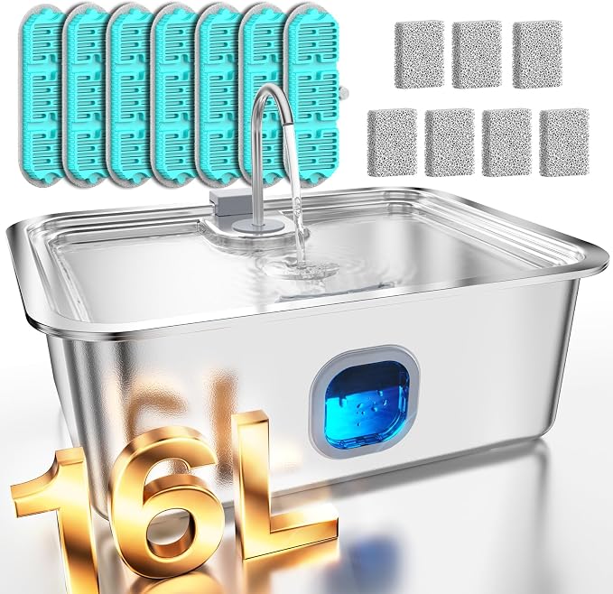 4.2Gal Dog Water Fountain for Large Dogs, 16L Stainless Steel Large Dog Fountain Water Bowl with Deeper & Wider Drinking Tray, Pet Water Dispenser with Visible Window (with 7 Newly Filters)