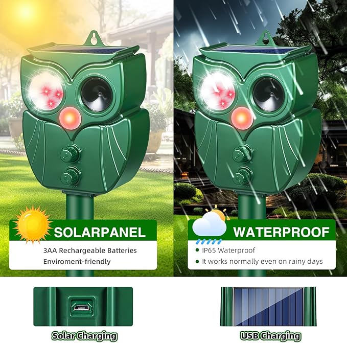 2 Pack Solar Animal Repeller: Ultrasonic Cat Repellent Outdoor with Motion Sensor - Waterproof Bear & Deer Deterrent with LED Flash - Effective Squirrel, Goose, Raccoon & Dog Repellent for Yard