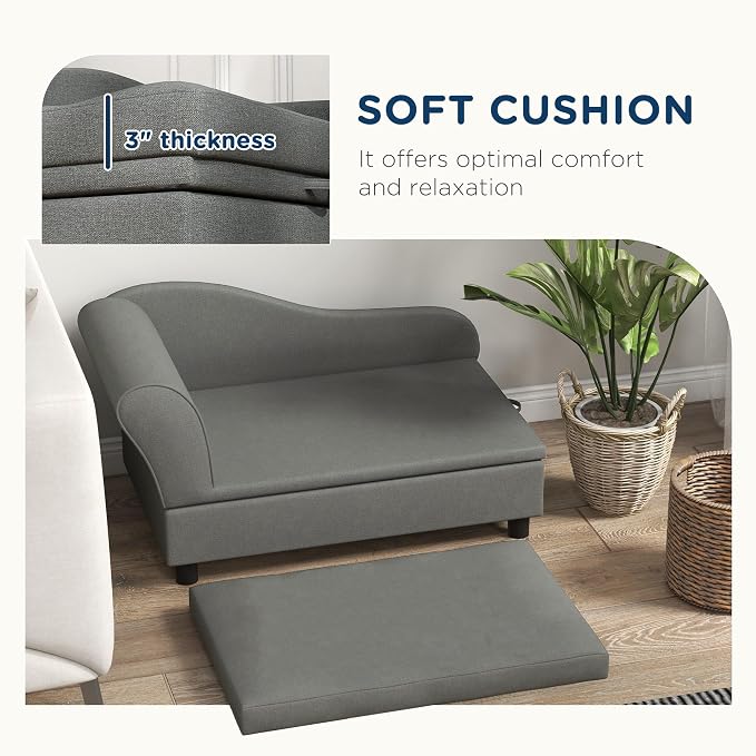 PawHut Pet Sofa, Dog Couch, Elevated Pet Bed for Small Dogs, with Hidden Storage, Soft Tufted Cushion, Gray | Elevated Pet Bed, Soft Tufted Cushion