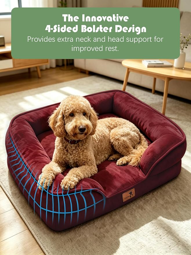 Spotted Play Orthopedic Dog Bed with Sides - Sofa Beds for Large Dogs, Supportive Foam Pet Couch Bed with Washable Removable Cover, Waterproof Lining and Non-Slip Bottom, Burgundy - L-Plus