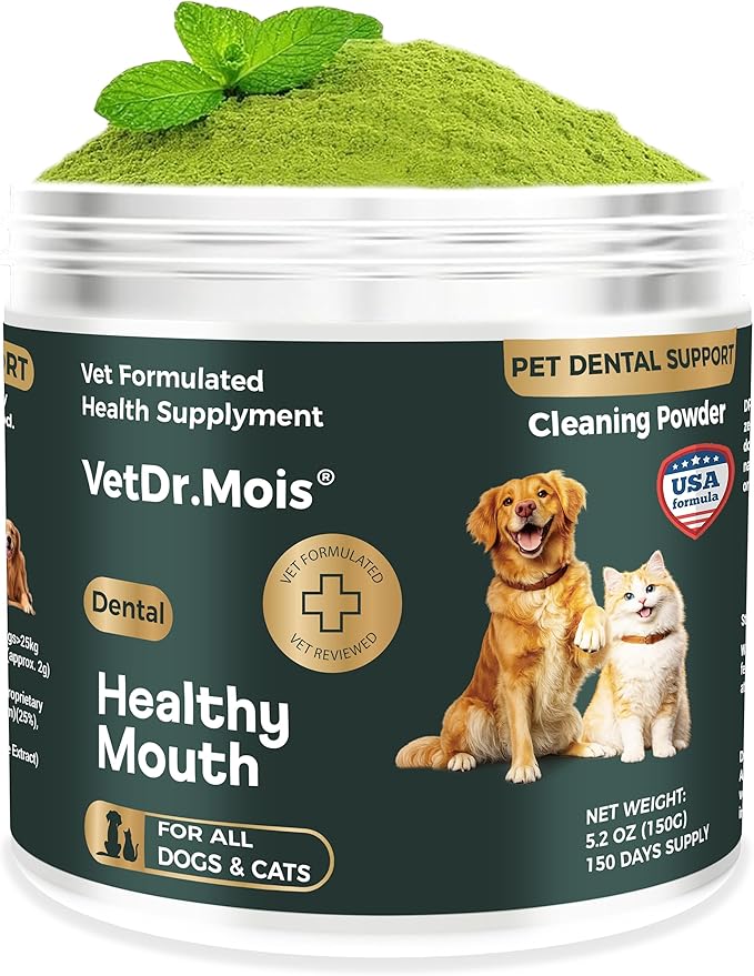 Dog Teeth Cleaning Powder for Dogs & Cats, Dental Powder for Plaque & Tartar Control, Fresh Breath Oral Care, No Brushing Needed, 150g