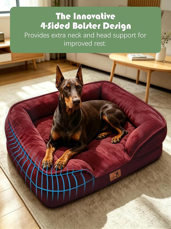 Spotted Play Orthopedic Dog Bed with Sides - Sofa Beds for Extra Large Dogs, Supportive Foam Pet Couch Bed with Washable Removable Cover, Waterproof Lining and Non-Slip Bottom, Burgundy - XL-Plus