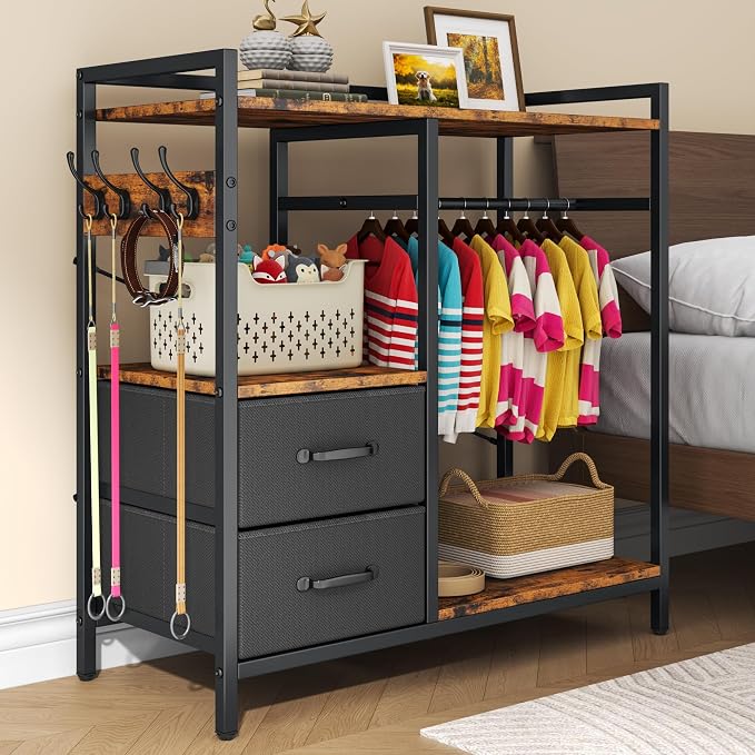kepptory Dog Closet with Drawers & 4 Hooks, Freestanding Pet Garment Rack for Dog Clothes & Cat Accessories, Pet Supply Storage Organizer, Metal Frame Industrial Style