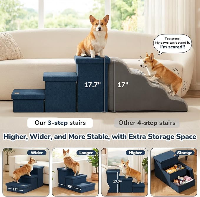 3-Step Wide Dog Stairs with Hidden Storage 18" H, Non-Slip Dog Steps for High Bed Couch Window Car, Jiont-Friendly Pet Stairs Ramp for Small/Medium/Large Old Dogs Cats Up to 220lbs, Navy