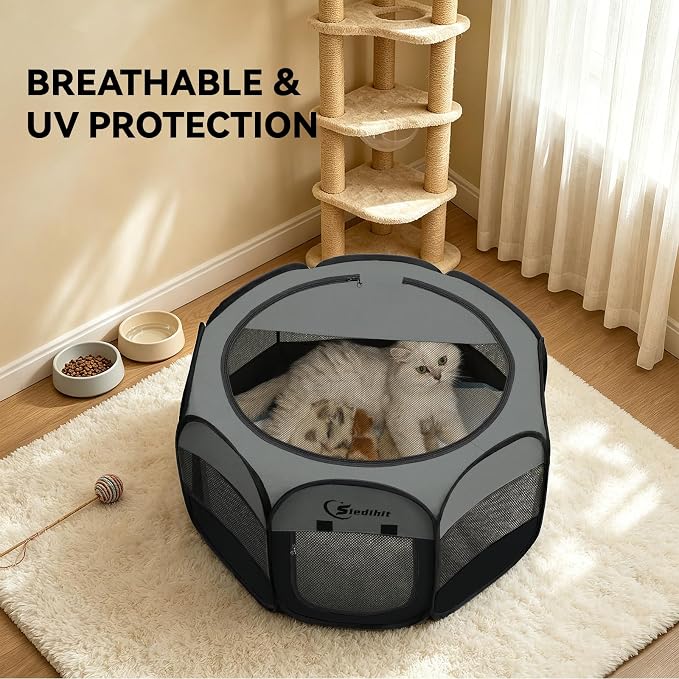 Siedihit Dark Grey Dog Cat Playpen, Puppy Pet Playpen, Small Dogs Tent | Crates Cage Indoor/Outdoor, Portable Pop Up Dog Kennel Playpen with Carrying Case for Dogs/Cats/Rabbits