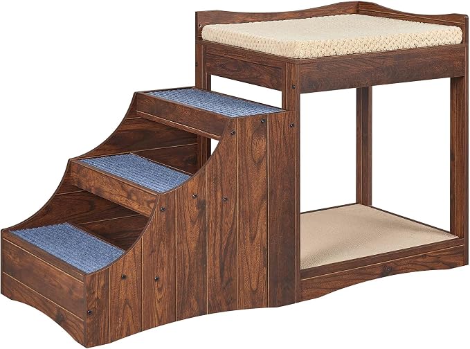 unipaws Pet Bunk Bed with Removable Step for Dog and Cat, Window Perch Seat | Multi-Level Bed with Cushion and Cat Scratch Pad, Indoor Use, Walnut