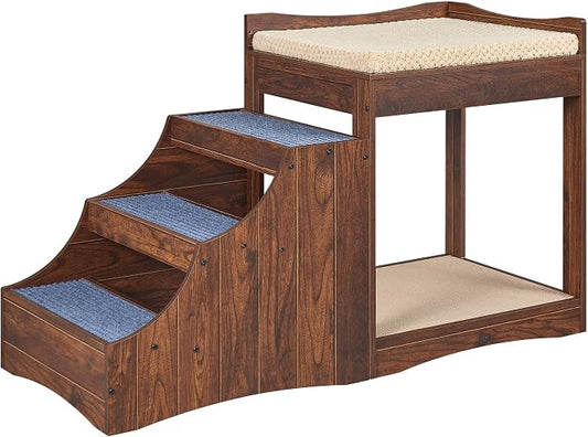 unipaws Pet Bunk Bed with Removable Step for Dog and Cat, Window Perch Seat | Multi-Level Bed with Cushion and Cat Scratch Pad, Indoor Use, Walnut