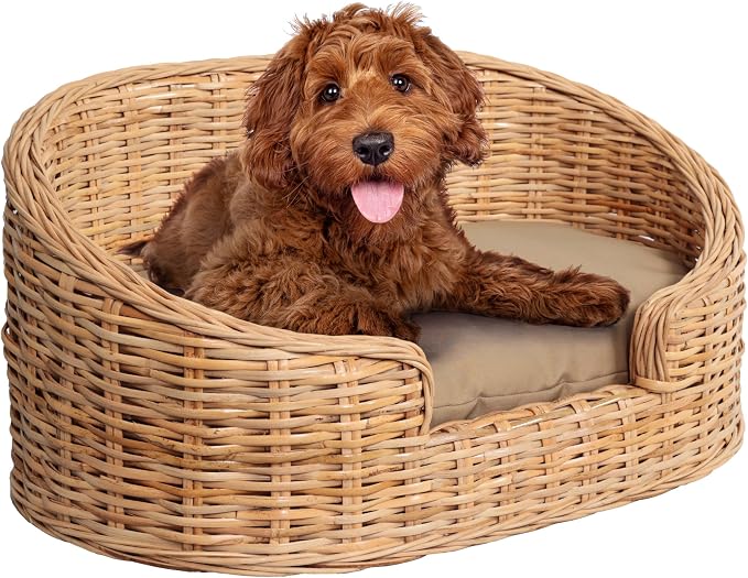 DBD1000B Curvy 28.5" x 17.25" Classic Handwoven Rattan Pet Bed with Machine-Washable Cushion, Light Brown