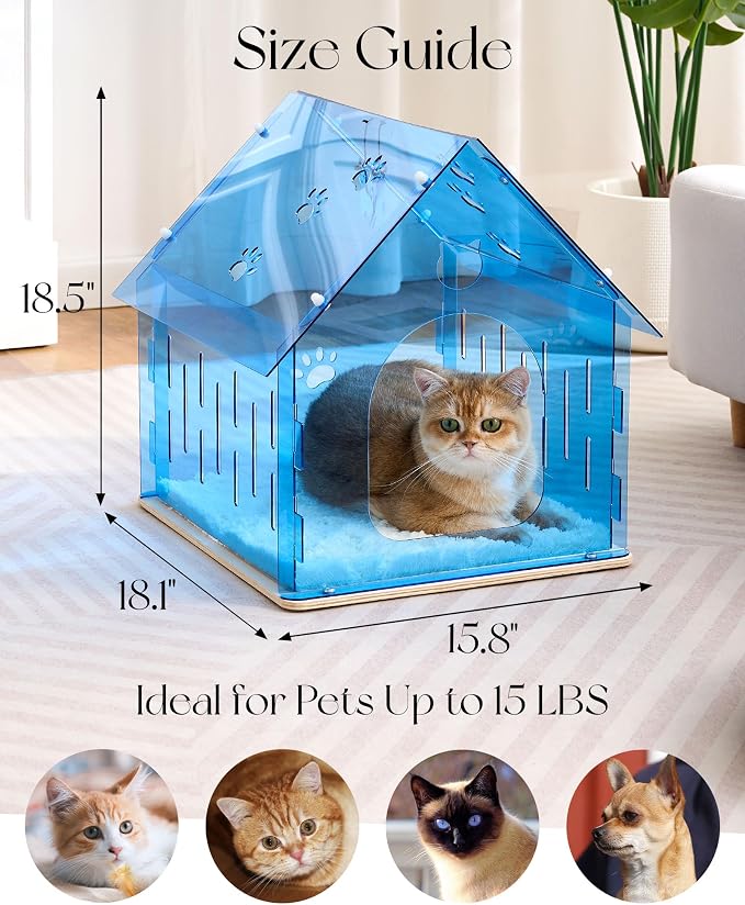 Acrylic Cat House for Indoor Cats, Transparent Cat Bed Cave with Plush Cushion & Hanging Toys, Modern Ventilated Cat Condo with Sturdy Wooden Base for Adult Cats & Kittens up to 15 lbs, Blue