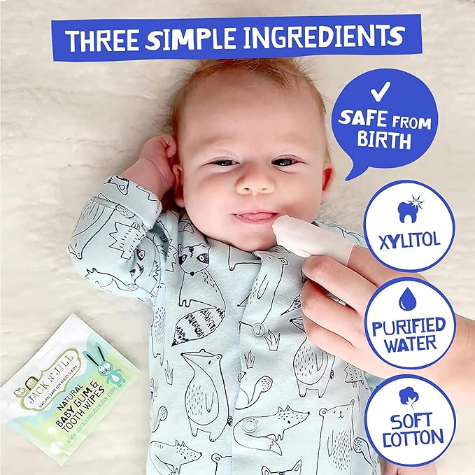 Jack N' Jill Baby Gum & Tooth Wipes - Natural & Safe, Contains only Water & Xylitol, Soft Sterilized Cotton, Free from Fluoride & Sugar, Baby Mouth Wipes - 25 Count, Individually Wrapped