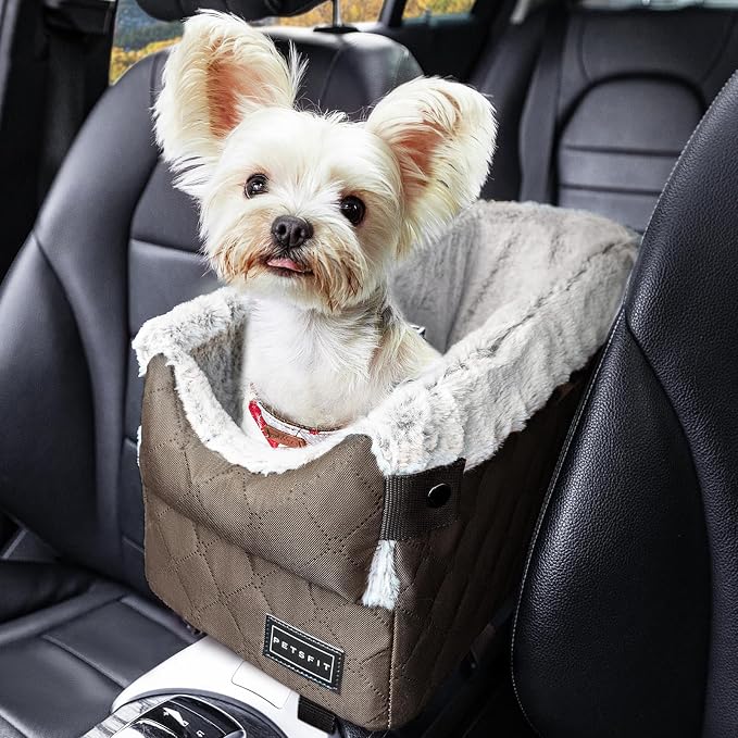 PETSFIT Dog Console Car Seat with Dual Adjustable Seat-Rail Anchor Hooks | Anti-Collapse Leather Armrest Booster Carseat with Safety Tether, Washable Cushion, Soft Pillow for Pets Under 8 lbs,Coffee