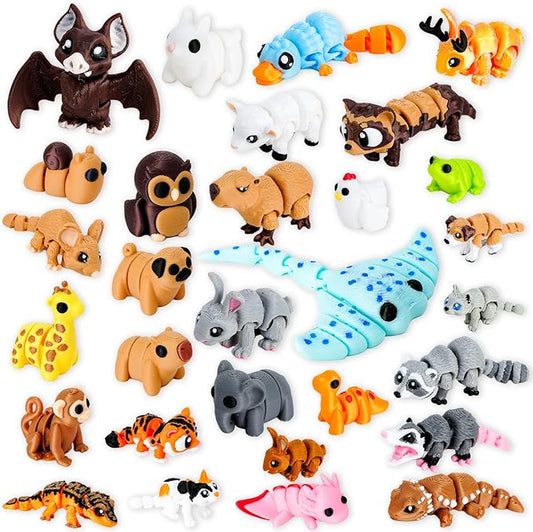30 Pcs Mini 3D Printed Animal Statues Figurines Set Movable Joints Surprise 3D Printed Animals Cute Desk Decor Party Favors for Adults Home Office Desk Decoration Display