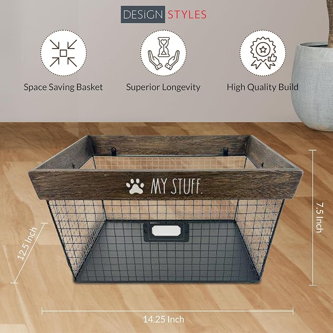 Rae Dunn Decorative Pet Toy Storage Basket - Durable Cat and Dog Toy Basket Perfect for Organizing Chew Toys - Sturdy Metal Baskets for Storage of Pet Blankets & Leashes