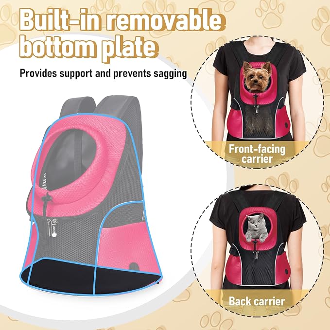 WOYYHO Pet Dog Carrier Backpack, Ventilated Mesh Small Dog Front Backpack | Breathable Puppy Back Pack, with Safety Belt, Storage Pockets, for Travel Hiking Cycling Outdoor Adventures, Rethink Pink, M