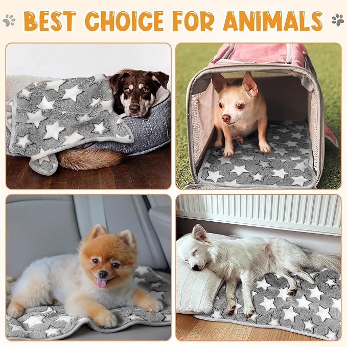 Tatuo 4 Pack Fleece Dog Blankets for Puppy Cats Multi-Size Sleep Mat for Pet Guinea Pig Soft Washable Warm Crate Bed Puppy Teething Toys Print Pattern Blanket Indoor(White,Grey,24 x 16 Inch,Star)