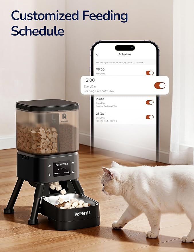 Dual Chamber Automatic Cat Feeder, Smart WiFi Pet Food Dispenser with 2.4&5G WiFi App, Custom Schedule & Portion Control for Dry Food and Treats, 4L, Black