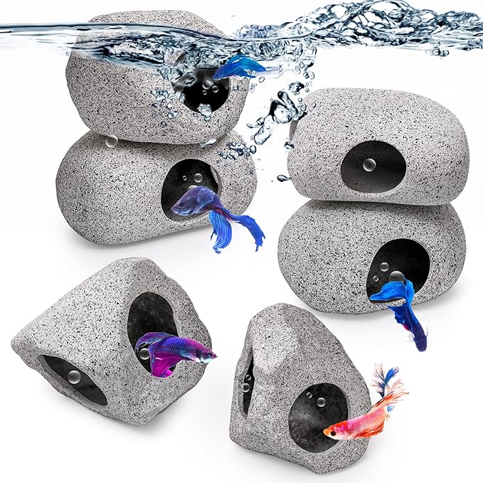 Eorbow 6 Pack Aquarium Decoration Rock Caves, Betta Fish Tank Hideaway, Hideout Stones House Decor for Cichlid Shrimp Territorial Fish Hiding Breeding Spawning, Fish Tank Ornaments