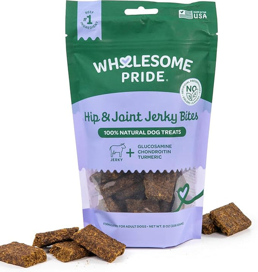 Wholesome Pride Functional Dog Hip & Joint Support Beef Jerky Bites, USA Made Mobility Dog Treats - 8 oz