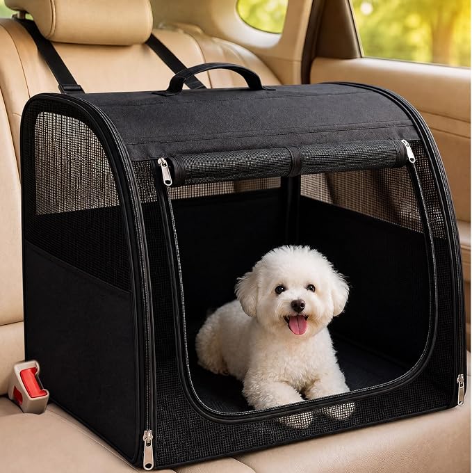 Dog Car Crate, Enclosed Foldable Cat Car Seat Carrier, 23.62x20x20in, Black | Portable Dog Cat Carrier with Seatbelt Attachment & Headrest Strap, Soft-sided Pet Kennel with Bed for Pet Travel up to 25 lb