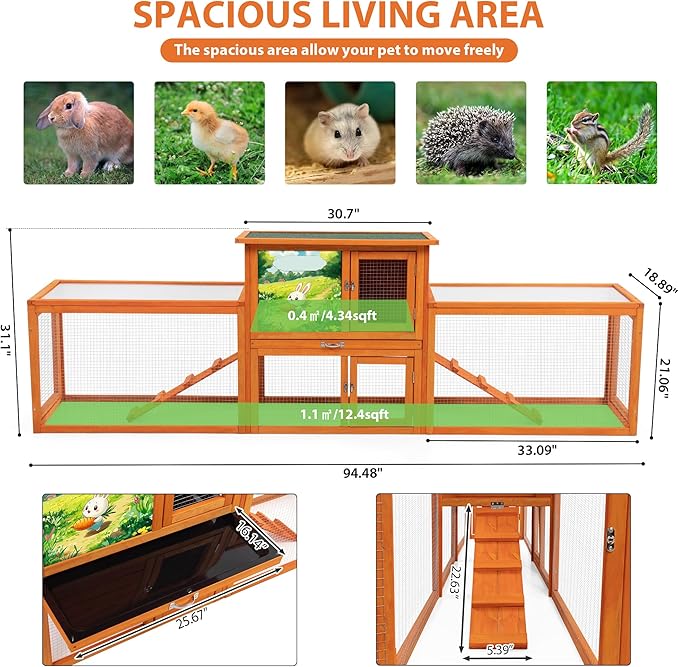 COZIWOW Large Wooden Rabbit Hutch Outdoor Indoor, 94.5" L 2-Level Bunny Cage for 2 or More Small Animals with Removable Tray & Multiple Entrances (Orange)