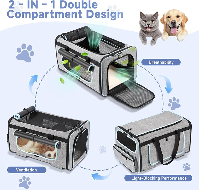 Large Pet Carrier with Detachable Wheels, 2 IN1 Foldable Soft-Sided Carriers- Designed for Dogs & Cats, Telescopic Handle, for Outdoor Car Indoor, Max. 44 LBS(Not for Airline)