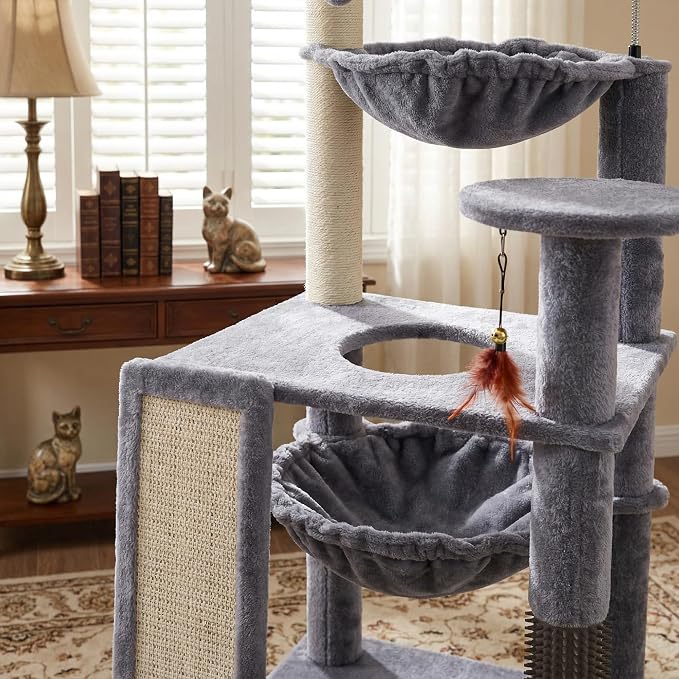 Multi-Level Cat Tree for Indoor Cats, Cat Tree Tower with Big Cat Hammock and Self-Grooming Brush, Cat Tower with Scratch Ladder, Indoor Climbing Activity Tower with Scratching Posts, Grey