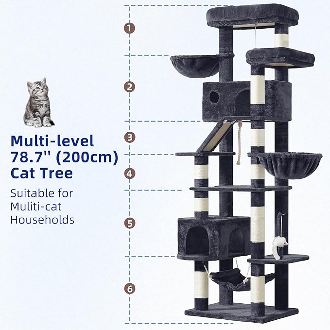 Gitelsnour Cat Tree for Large Cats, 78.7"(200cm) Tall Cat Tower for Indoor Cats Multiple Cats with Large Top Perch, Cat Condo, Cat Hammcok, Cat Scratching Post, Dark Gray GCT031G