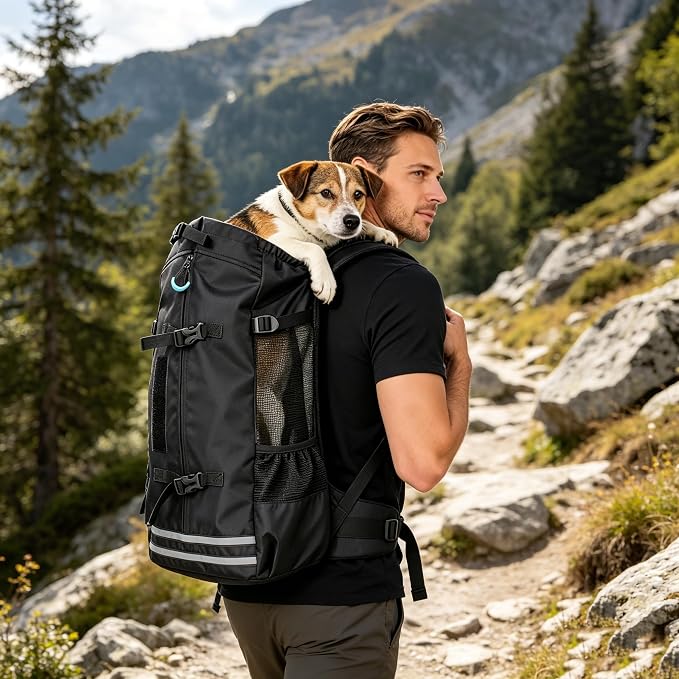 Big Dog Backpack Carrier, Green-M | Extra Large Pet Carrier for 66lbs Dogs, Fully Adjustable Water-Resistant Dog Travel Bag for Hiking Cycling Outdoor Adventures