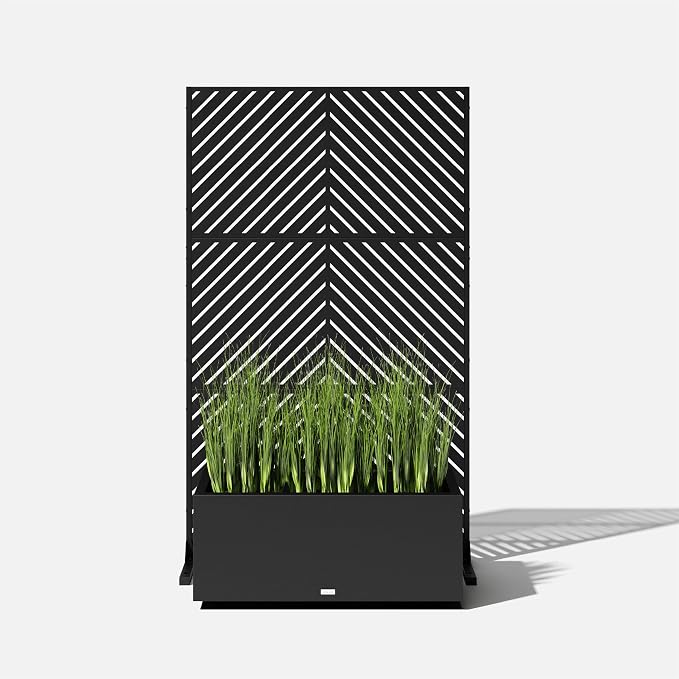 Veradek Block Series Long Box Planter + Arrow Privacy Screen Set, Black – Large Rectangular Outdoor Planter with Drainage & Modern Privacy Divider Panel for Patio, Deck, Balcony or Garden