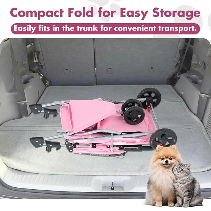 DUMOS 3 Wheels Pet Stroller for Small Dogs and Cats | Foldable Dog Stroller with Mesh Windows, Storage Basket & Cup Holder, Lightweight & Durable Pet Carrier for Travel, Pink