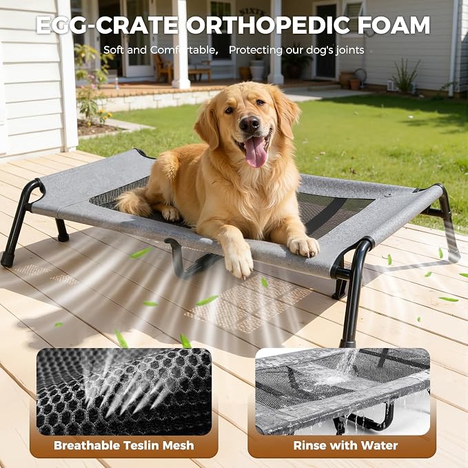 Lekereise Outdoor Elevated Dog Bed,Raised Dog Beds for Large Dogs, Washable Dog Cot with Headrest Sides, Non-Skid Feet,Breathable Mesh,Cooling Pet Beds for Indoor or Camping