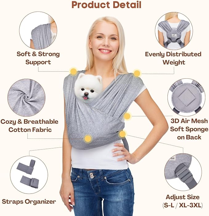 Small Dog Sling Carrier, Hands-Free, Heather Gray, Regular | Patented Front Carrier Reduces Back and Neck Strain; Adjustable, Soft Cotton, 3D Air Mesh for Puppies & Cats up to 20 lb