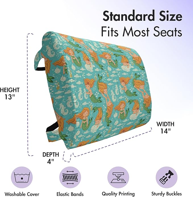 Ambesonne Underwater Lumbar Back Support Pillow, Nautical World Themed Pattern Mermaid Seahorse Fish Shells Cartoon, High Density Foam for Office Chairs Car Seats, 14" x 13", Turquoise Marigold Green