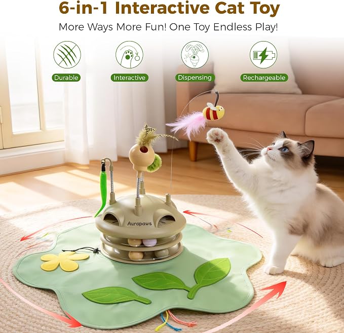 Cat Toys Rechargeable, 6-in-1 Automatic Interactive Cat Toys | Touch Activated Hide and Seek,Moving Feather,Spring Teaser,Treat Dispensing,Dual Track Balls with Chirping for All Breeds