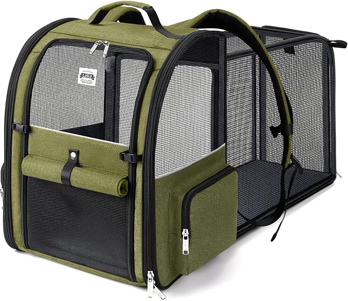 Large Cat Backpack Carrier Expandable Pet Carrier Backpack for Small Dogs Medium Cats Fit Up to 18 Lbs, Dog Backpack Carrier, Foldable Puppy Backpack Carrier for Travel,Dark Green, Large