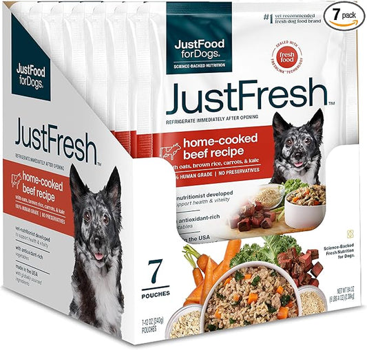 JustFoodForDogs JustFresh Wet Dog Food, Fresh Pet Meals and Toppers with No Preservatives, Resealable Package, Human Grade, Home-Cooked Beef, 12 oz - 7 Pack