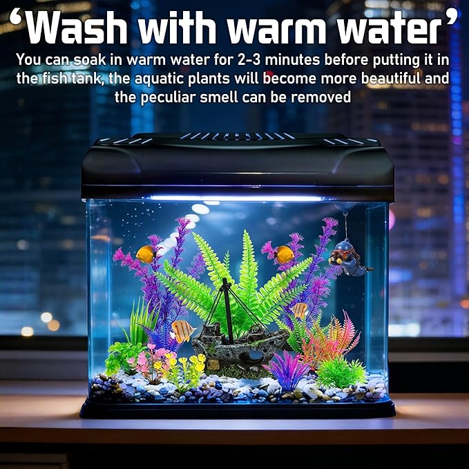 Ameliade Fish Tank Decor Set with Shipwreck Decoration, Little Diver Floating & 13 Aquatic Artificial Plants - Betta Plants & Hiding Spots for Aquariums and Small Fish Tank Accessories