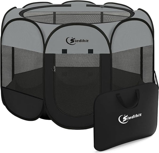 Siedihit Playpen for Extra Large Dog Cat, Dogs Tent Crate Cage | Indoor/Outdoor, Portable Pop Up Dog Kennel with Carrying Bag for Rabbits (Dark Grey, Extra Large)